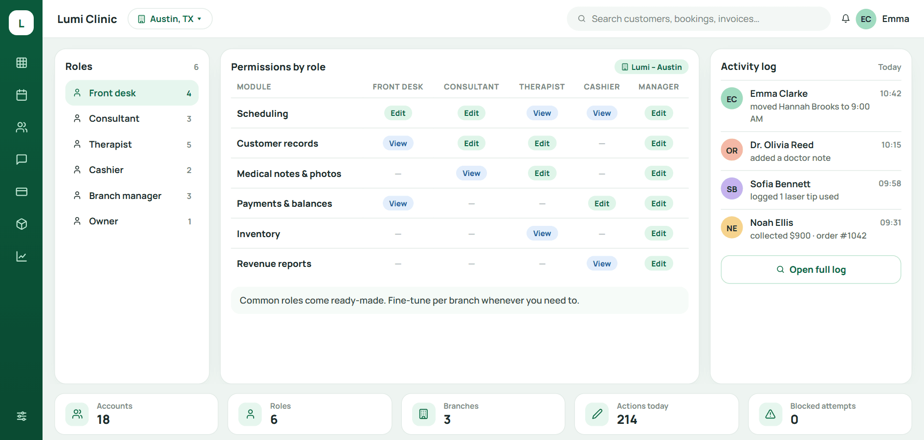 Role permissions matrix and activity log in Qub-X CRM